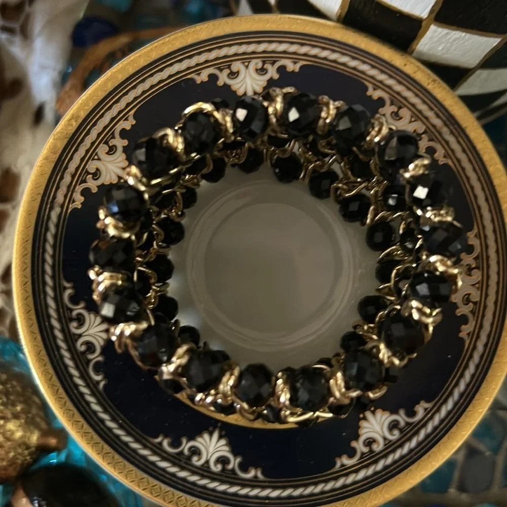 Gold Chain & Black Bead Elastic Statement Bracelet